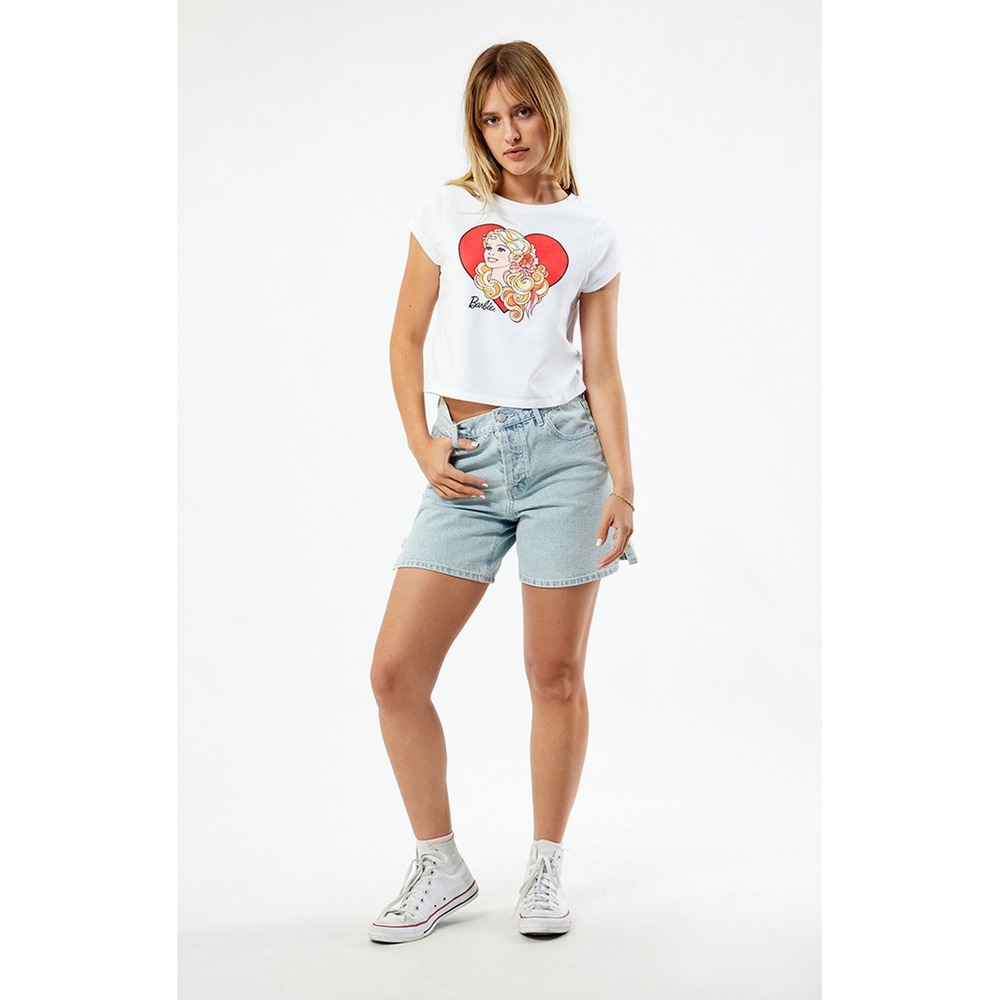 PacSun X Barbie Sacred Vintage‎ Baby T-Shirt White Heart Graphic Cropped Medium